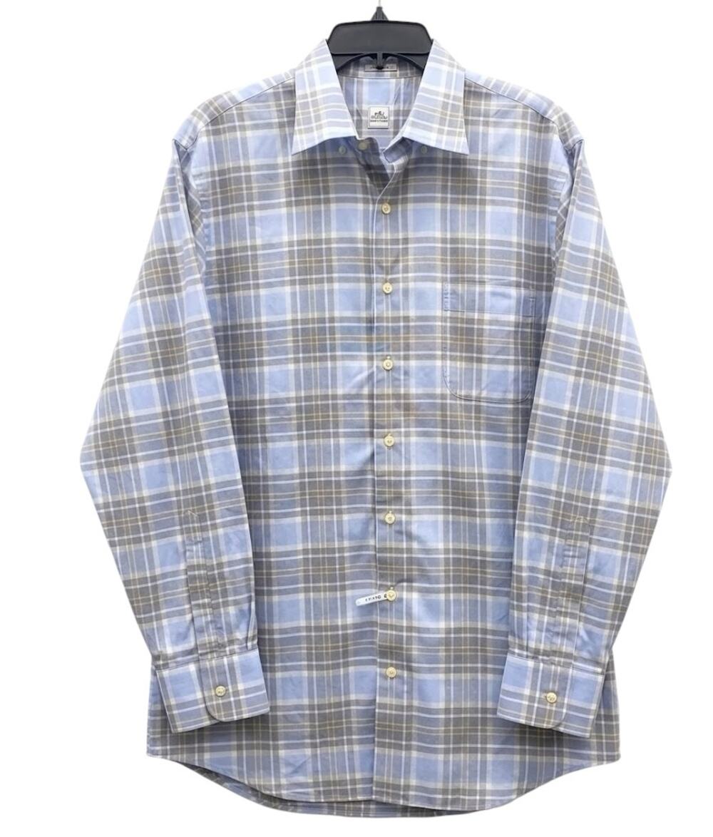 Peter Millar Cotton Plaid Sport Shirt Men's Large Blue Gray Spread Collar